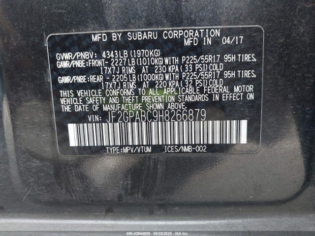 Subaru naturally aspirated 2017 JF2GPABC9H8266879 Image 9