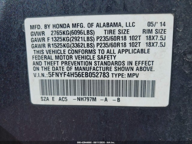 Honda j35z4 2014 5FNYF4H56EB052783 Image 9