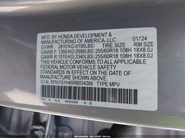 Honda j35y8 2024 5FNYG1H45RB034266 Image 9