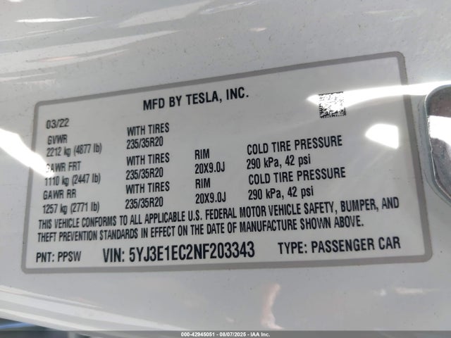 2022 TESLA MODEL 3 5YJ3E1EC2NF203343 Photo 8
