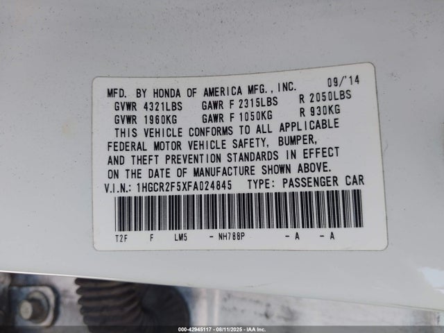 Honda k24w1 2015 1HGCR2F5XFA024845 Image 9
