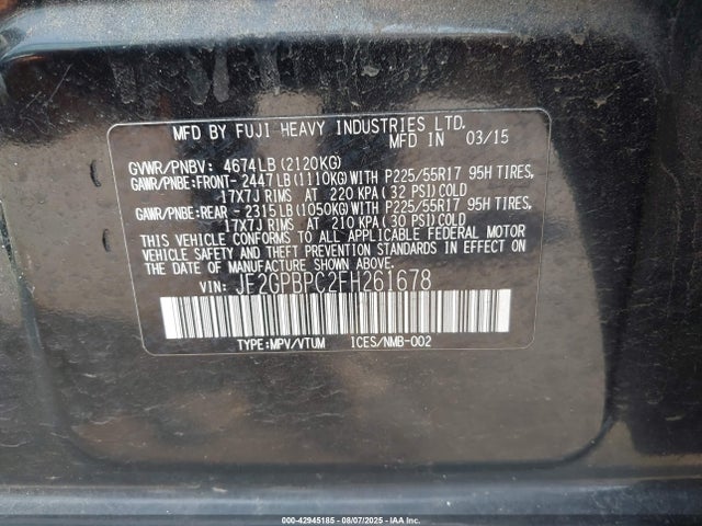 Subaru 2.0l naturally aapirated hev 2015 JF2GPBPC2FH261678 Image 9