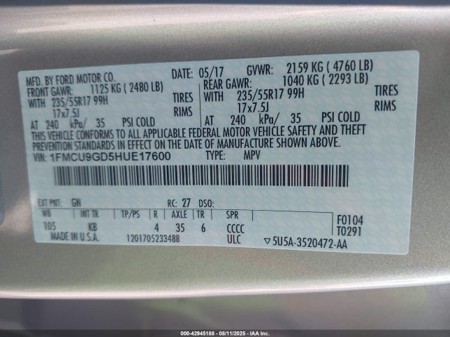 1FMCU9GD5HUE17600 Ford gtdi sigma w/premium fuel