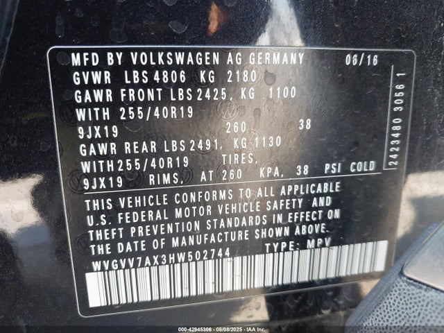 WVGVV7AX3HW502744 Volkswagen 2.0 tsi
