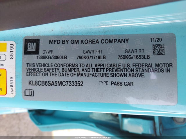 KL8CB6SA5MC733352 Chevrolet lv7 - mfi, variable valve timing, alum, gen 1 var 1