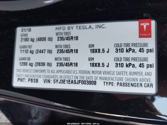 2018 TESLA MODEL 3 5YJ3E1EA9JF003908 Photo 8