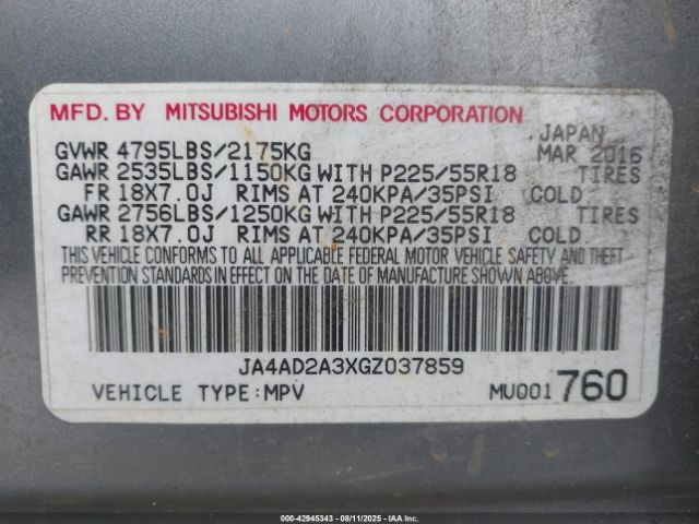 2016 MITSUBISHI OUTLANDER JA4AD2A3XGZ037859 Photo 8
