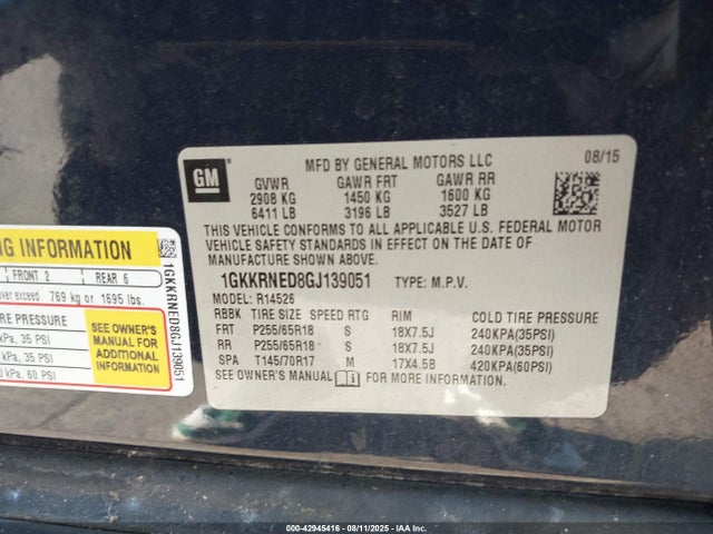 42945416 :رقم المزاد ، 1GKKRNED8GJ139051 vin ، 2016 Gmc Acadia Sle-1 مزاد بيع