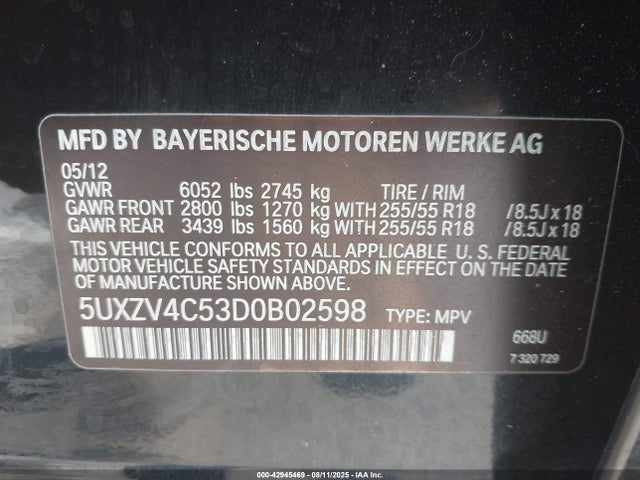 42945469 :رقم المزاد ، 5UXZV4C53D0B02598 vin ، 2013 Bmw X5 Xdrive35i/xdrive35i Premium/xdrive35i Sport Activity مزاد بيع