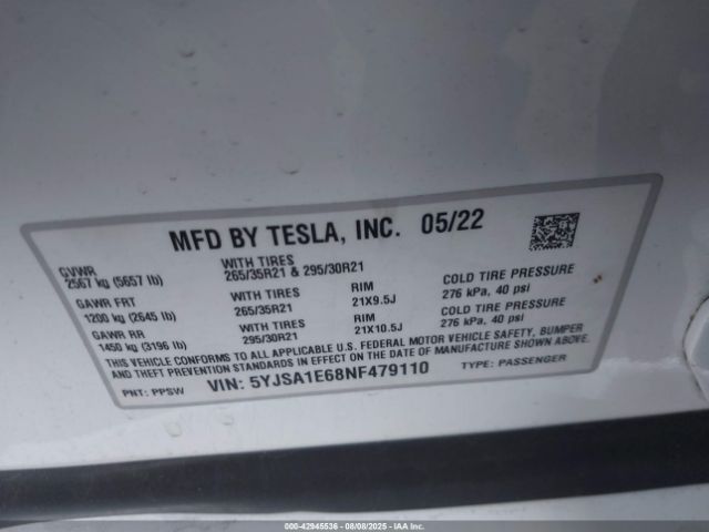 2022 TESLA MODEL S 5YJSA1E68NF479110 Photo 8