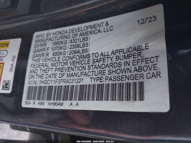 1HGCY1F37RA031221 Honda l15be
