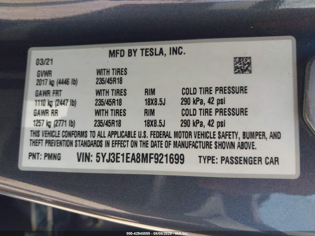 2021 TESLA MODEL 3 5YJ3E1EA8MF921699 Photo 8