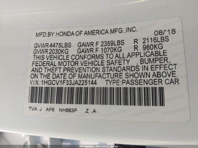 1HGCV1F33JA225144 Honda l15be