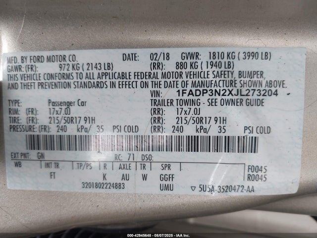 1FADP3N2XJL273204 Ford 2.0l gdi