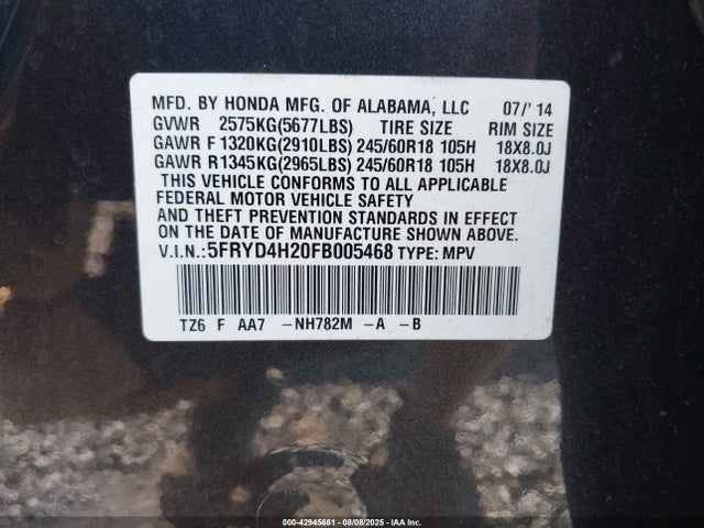 Acura j35y5 2015 5FRYD4H20FB005468 Image 9