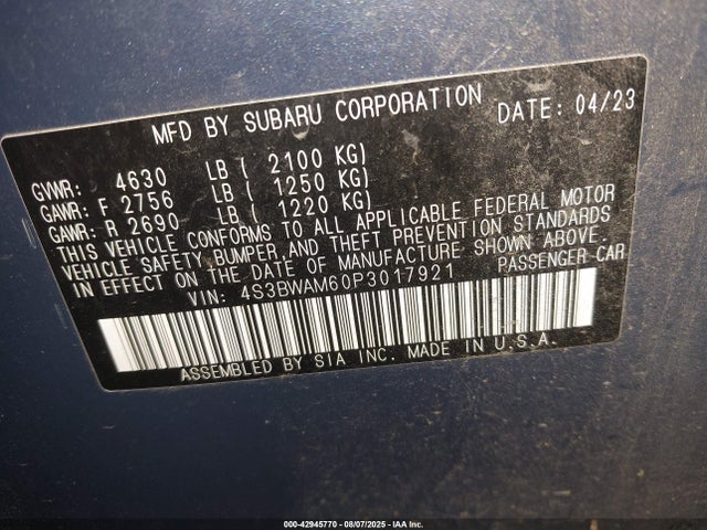 4S3BWAM60P3017921 Subaru Legacy Limited