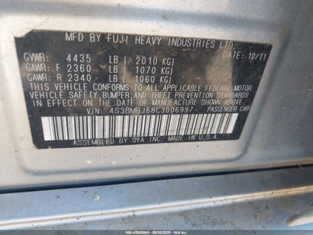 2012 SUBARU LEGACY 4S3BMBJ68C3006997 Photo 8