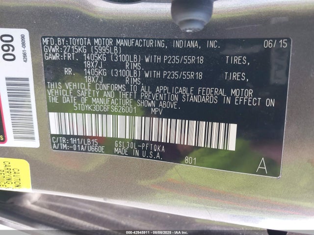Toyota 2gr-fks 2015 5TDYK3DC6FS626001 Image 9