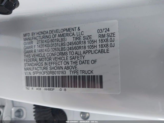 Honda j35y6 2024 5FPYK3F50RB010163 Image 9