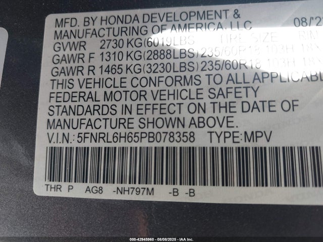 Honda j35y7 2023 5FNRL6H65PB078358 Image 9