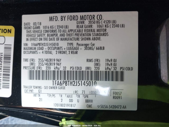 Ford 2.3l 4v premium fuel 2018 1FA6P8TH2J5145010 Image 9