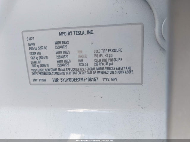 2021 TESLA MODEL Y 5YJYGDEEXMF108157 Photo 8