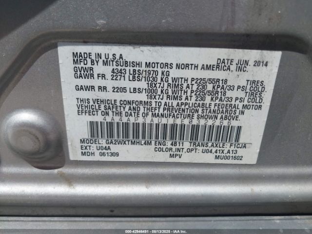 2014 MITSUBISHI OUTLANDER SPORT 4A4AP3AU1EE032266 Photo 8