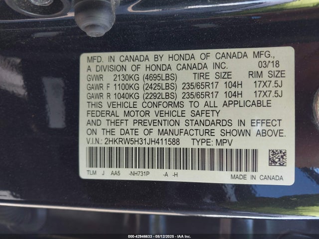 2HKRW5H31JH411588 Honda k24w9/k24v9