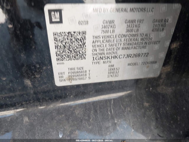 1GNSKHKC7JR269772 Chevrolet l83 - sidi: spark ignited direct injection, vvt: variable valve timing, afm, e85 max, alum