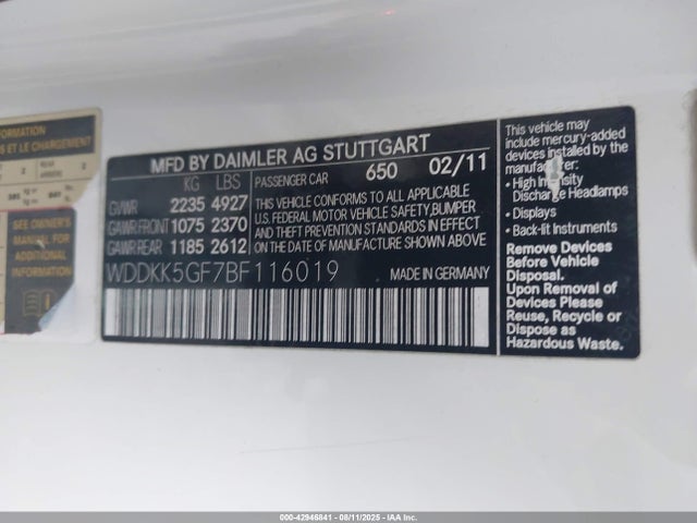 42946841 :رقم المزاد ، WDDKK5GF7BF116019 vin ، 2011 Mercedes-benz E 350 مزاد بيع