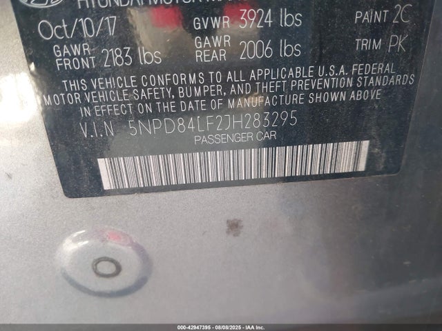 5NPD84LF2JH283295 Hyundai mpi nu