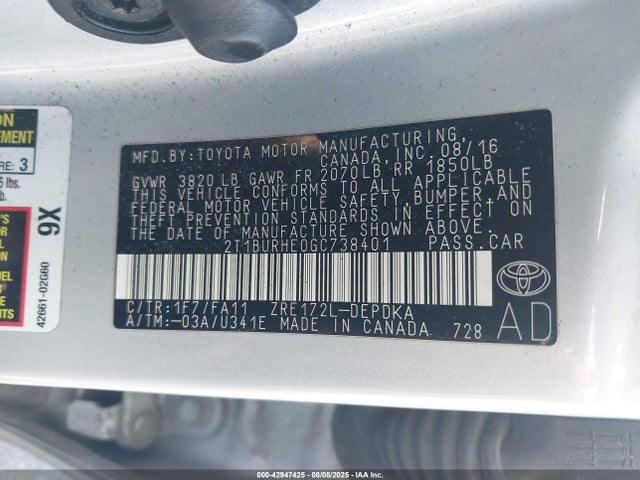 Toyota 2zr-fe 2016 2T1BURHE0GC738401 Image 9