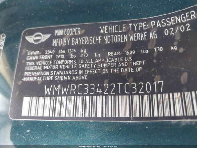 2002 MINI COOPER WMWRC33422TC32017 Photo 8