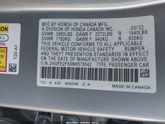 2HGFE2F5XNH578542 Honda k20c2