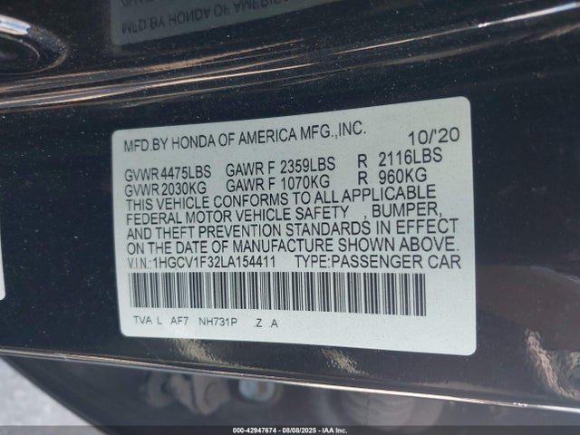 1HGCV1F32LA154411 Honda l15be
