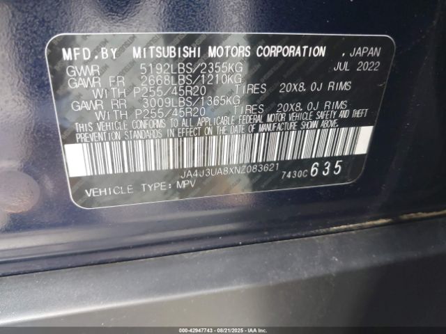 2022 MITSUBISHI OUTLANDER JA4J3UA8XNZ083621 Photo 8