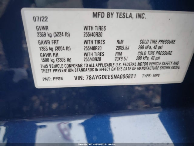 7SAYGDEE9NA006821 Tesla Model Y