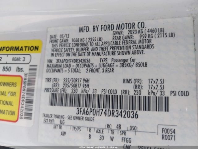 2013 FORD FUSION 3FA6P0H74DR342036 Photo 8