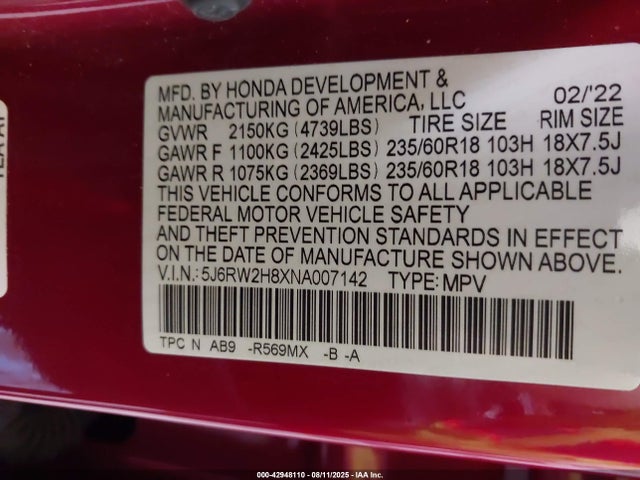 Honda l15be 2022 5J6RW2H8XNA007142 Image 9