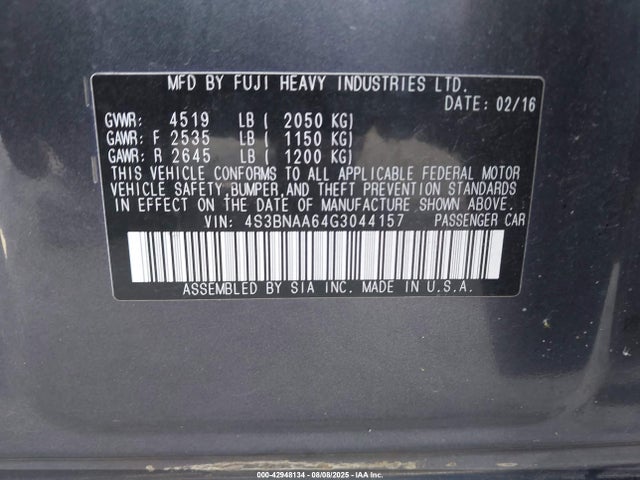 Subaru 2.5l u5 2016 4S3BNAA64G3044157 Image 9