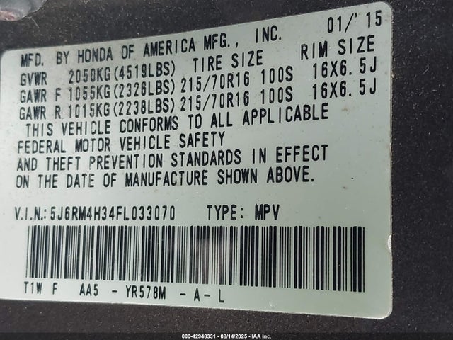 Honda k24w9 2015 5J6RM4H34FL033070 Image 9