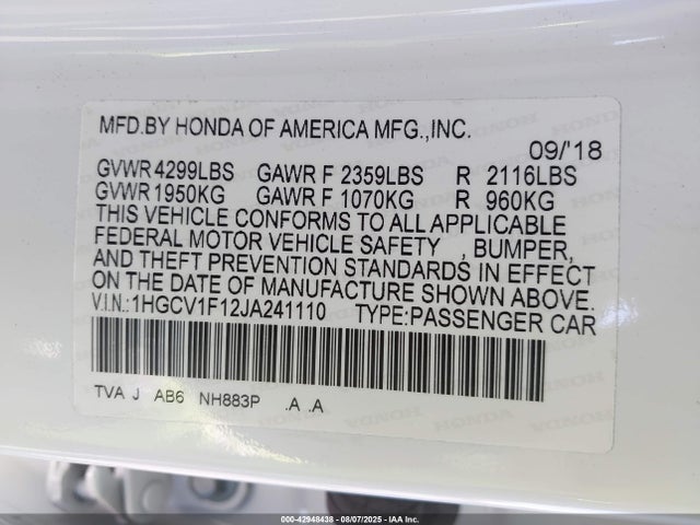1HGCV1F12JA241110 Honda l15be