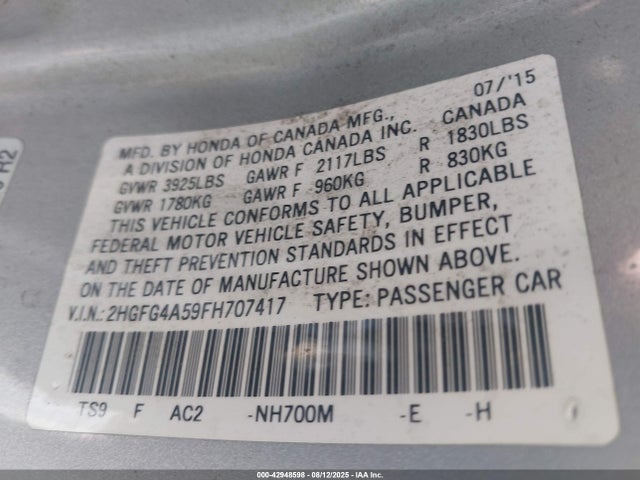 Honda k24z7 2015 2HGFG4A59FH707417 Image 9