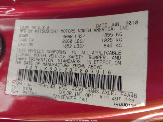 2011 MITSUBISHI ECLIPSE 4A31K5DF2BE003916 Photo 8