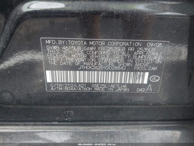 Aukcja sprzedaży 2009 Lexus Is 250, vin: JTHCK262592028842, numer aukcji: 42948685