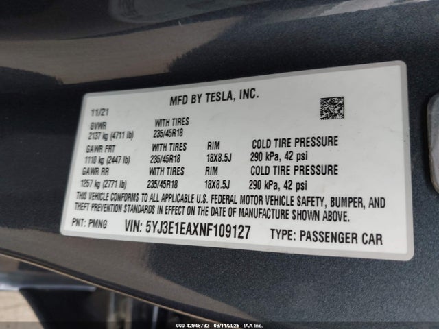 5YJ3E1EAXNF109127 Tesla 2022