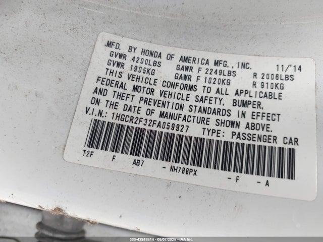 Honda k24w1 2015 1HGCR2F32FA059927 Image 9