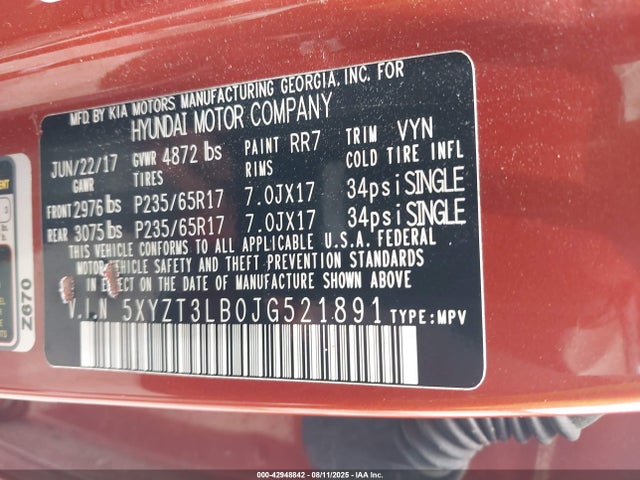 5XYZT3LB0JG521891 Hyundai gdi theta ii