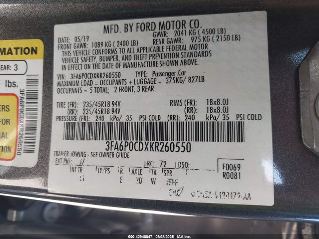 Ford Fusion 2019 3FA6P0CDXKR260550 Image 9
