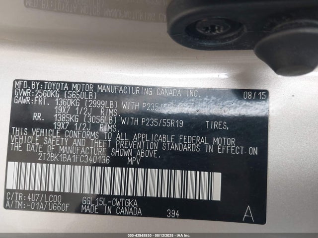 42948930 :رقم المزاد ، 2T2BK1BA1FC340136 vin ، 2015 Lexus Rx 350 مزاد بيع